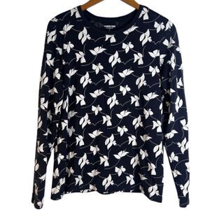 Lands End Navy Floral Relaxed Fit 100% Cotton Long Sleeve Scoop Neck Top Small